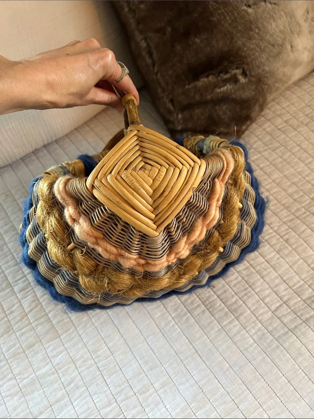 Vtg handmade rare wicker small weaved basket home decor cottage country
